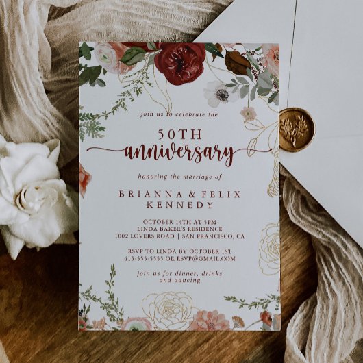 Invitation Noces de mariage 50 ans Or Rustique Floral
