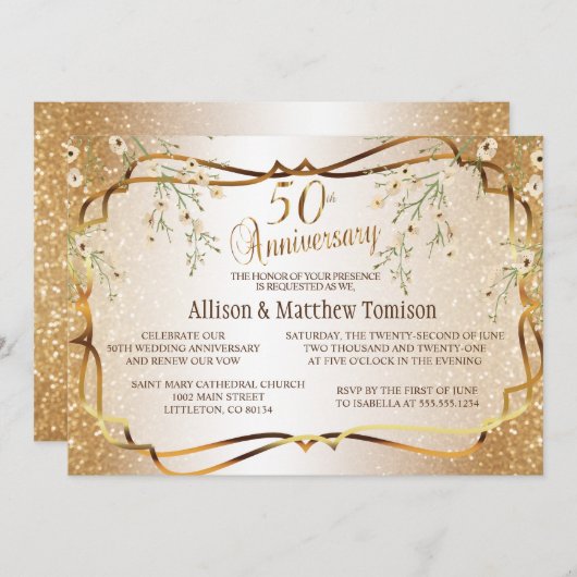 Invitation Noces de mariage 50 ans paillettes dorées | Texte (Devant / Derrière)