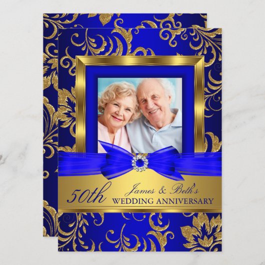 Invitation Noces de mariage 50 ans photo florale or bleu (Devant / Derrière)