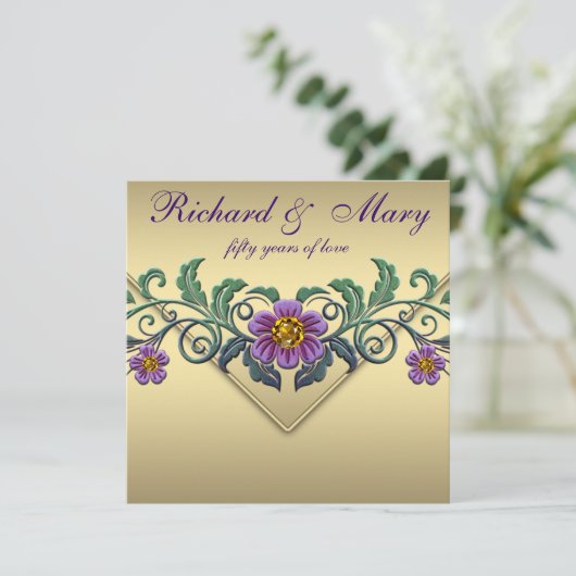 Invitation Noces de mariage 50 ans Purple Petunia Gold (Debout devant)
