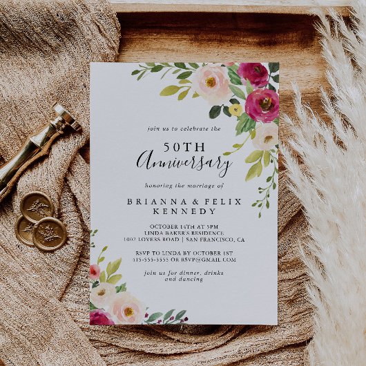 Invitation Noces de mariage 50 ans Vert Foncé Rose