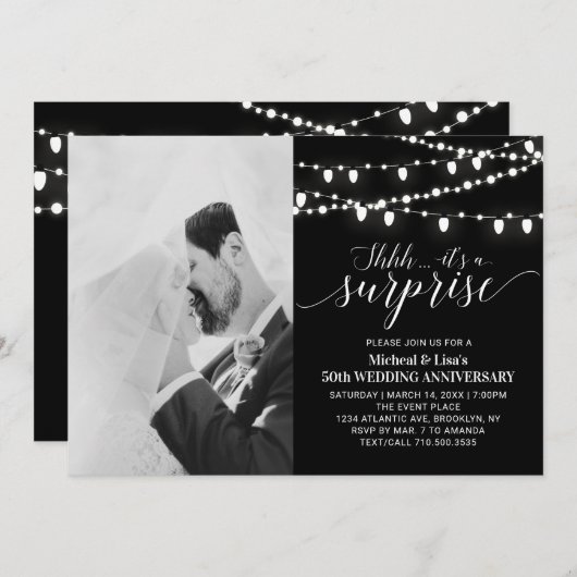 Invitation Noces de mariage 50e photo anniversaire noir et bl (Devant / Derrière)