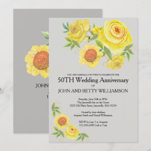 Invitation Noces de Mariage à l'Aquarelle Florale Jaune 50 An