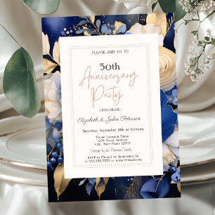 Invitation Noces de mariage Anniversaire Fleurs Crème Bleu Ma