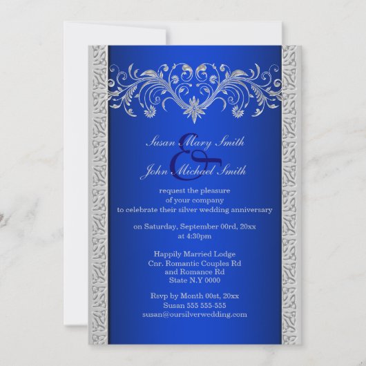 Invitation Noces de mariage argent bleu floral (Devant)