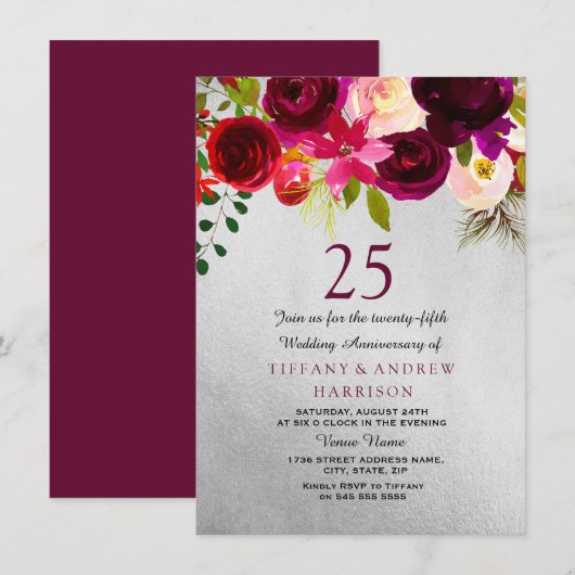 Invitation Noces de mariage Argent et Bourgogne Floral 25 ans (Devant / Derrière)