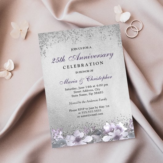 Invitation Noces de Mariage Argent Floral Violet 25 Ans