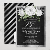 Invitation Noces de mariage Argent Noir Blanc Floral 25 ans (Devant / Derrière)