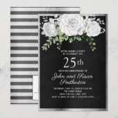 Invitation Noces de mariage Argent Noir Blanc Floral 25e Anni (Devant / Derrière)