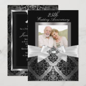 Invitation Noces de mariage Argent Noir Bow & Damask 25ème An (Devant / Derrière)