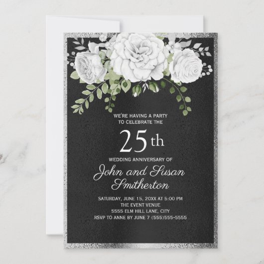 Invitation Noces de Mariage Argent Noir Fleuris 25 Ans (Devant)