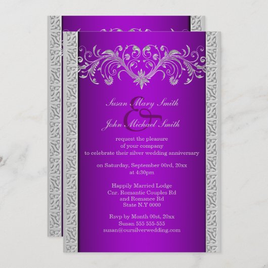 Invitation Noces de mariage argent pourpre florales (Devant / Derrière)