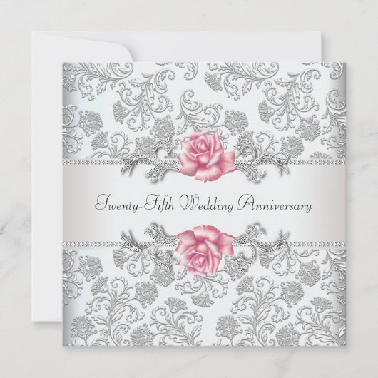 Invitation Noces de mariage Argent Rose Rose Damask 25ème Ann (Devant)