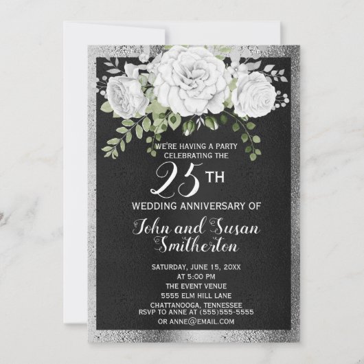 Invitation Noces de mariage Black Silver White Floral 25 ans (Devant)