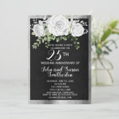 Invitation Noces de mariage Black Silver White Floral 25 ans (Debout devant)