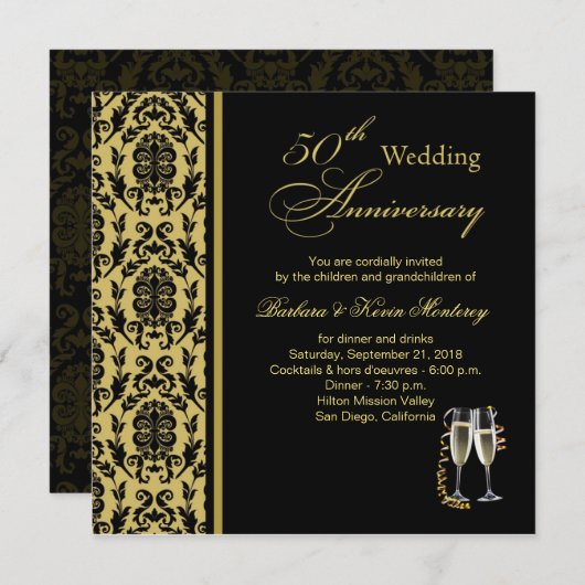 Invitation Noces de mariage Damask noir sur or 50 ans (Devant / Derrière)