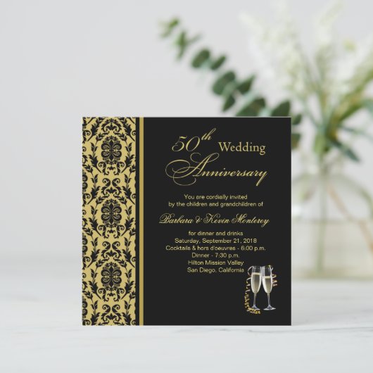 Invitation Noces de mariage Damask noir sur or 50 ans (Debout devant)