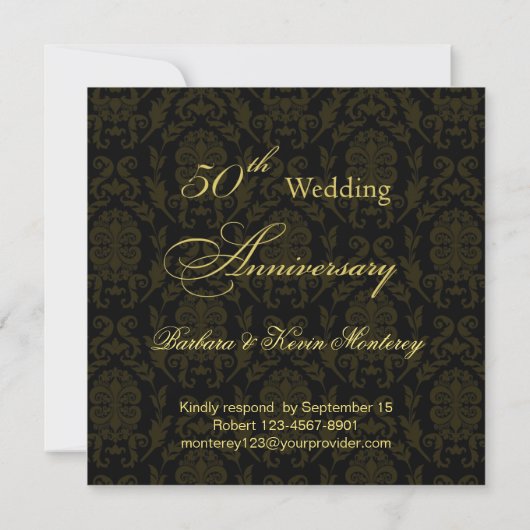 Invitation Noces de mariage Damask noir sur or 50 ans (Dos)