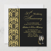 Invitation Noces de mariage Damask noir sur or 50 ans (Devant)
