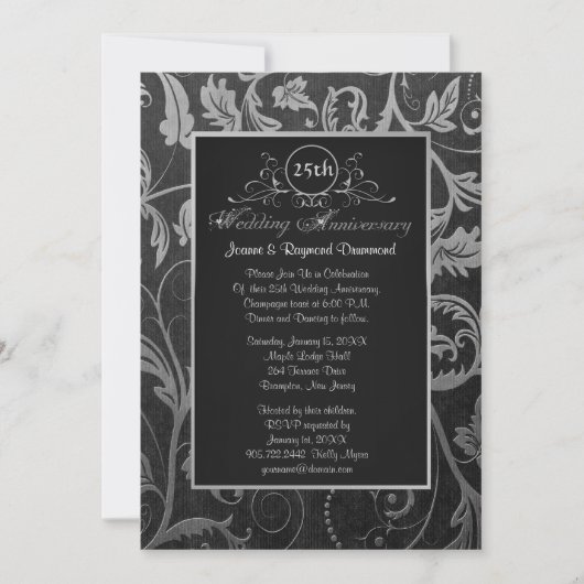 Invitation Noces de mariage de 25 ans en damas noir et argent (Devant)