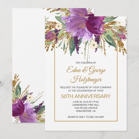 Invitation Noces de mariage de 50 ans d'améthyste pourpre et (Devant / Derrière)
