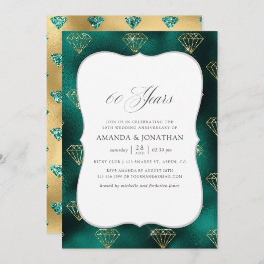 Invitation Noces de mariage de 60 ans sarcelle et or (Devant / Derrière)