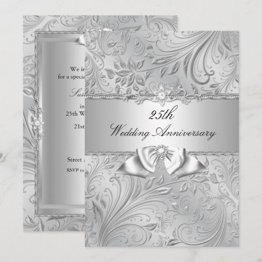 Invitation Noces de Mariage Fleur et Ruban d'Argent 25 Ans (Devant / Derrière)