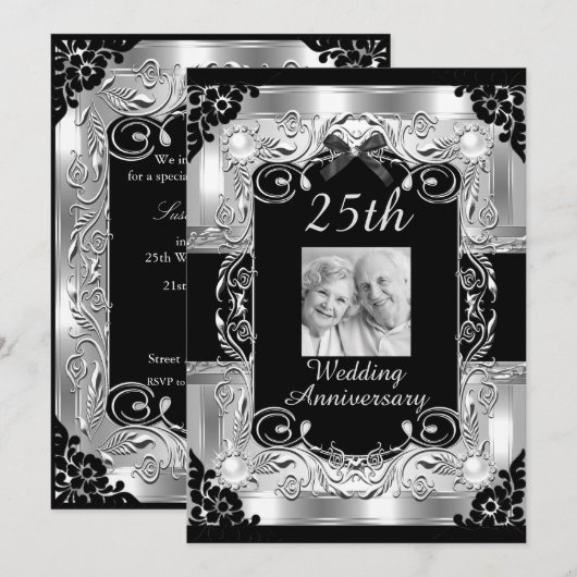 Invitation Noces de mariage Floral Argent 25 ans (Devant / Derrière)