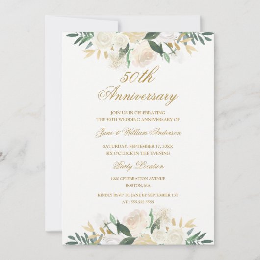 Invitation Noces de mariage florales en or 50 ans (Devant)