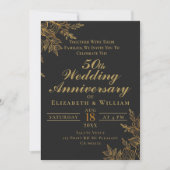 Invitation Noces de mariage florales noir et or (Devant)