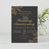Invitation Noces de mariage florales noir et or (Debout devant)