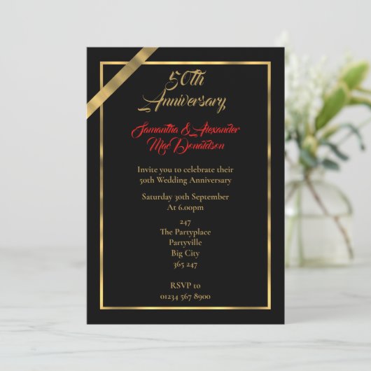 Invitation Noces de mariage noir et or 50 ans (Debout devant)