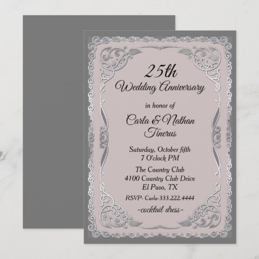 Invitation Noces de Mariage Orné Argent et Bleu (Devant / Derrière)