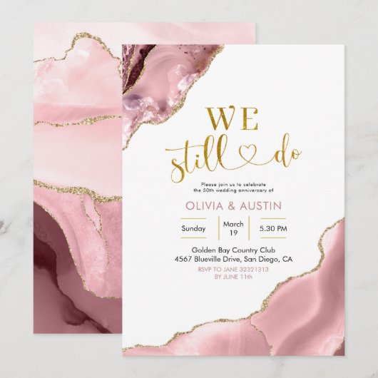 Invitation Noces de mariage rose et agate dorée (Devant / Derrière)