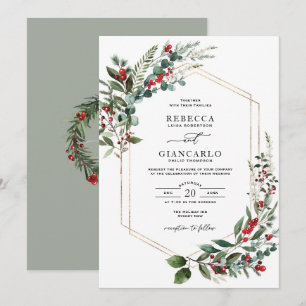 Invitation Noces de Noël avec verdure hivernale et baies roug