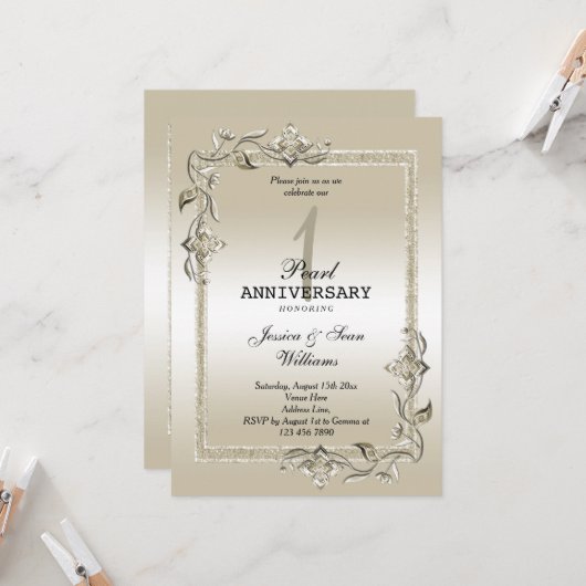Invitation Noces de Perle et de Paillettes 1er Anniversaire d (Devant/Arrière en situation)