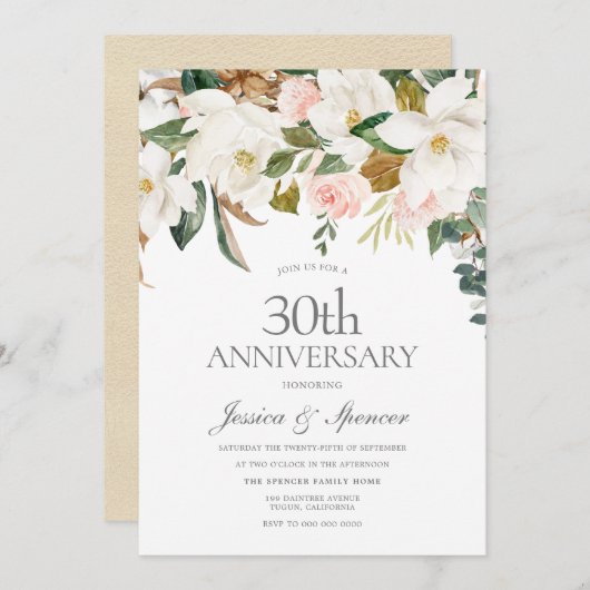 Invitation Noces de perle & Fleurs blanches 30e anniversaire  (Devant / Derrière)