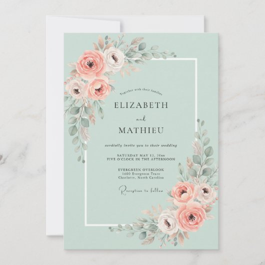 Invitation Noces de Pivoine Corail Mousse de Mer (Devant)