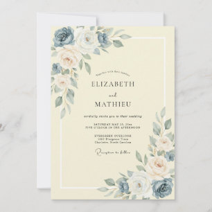 Invitation Noces de pivoine en acier bleu et beurre
