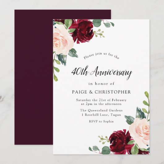 Invitation Noces de rubis aquarelle rose 40e anniversaire de  (Devant / Derrière)