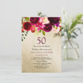 Invitation Noces de rubis Floral Or & Bourgogne 50ème Anniver (Debout devant)