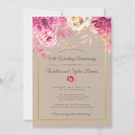 Invitation Noces de rustique rose 50e anniversaire de mariage (Devant)