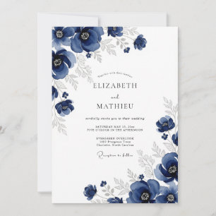 Invitation Noces d'hiver Anémone Argent Navy