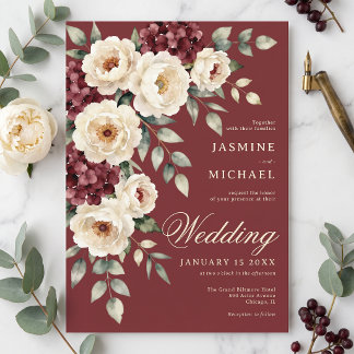 Invitation Noces d'hiver en aquarelle bordeaux humeur