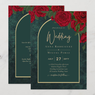 Invitation Noces d'hiver Roses rouges Or Vert forêt