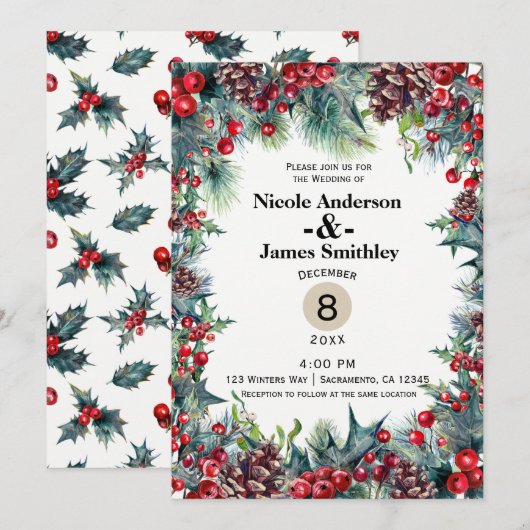 Invitation Noces d'hiver Vacances Baies de Noël Cône de pin (Devant / Derrière)