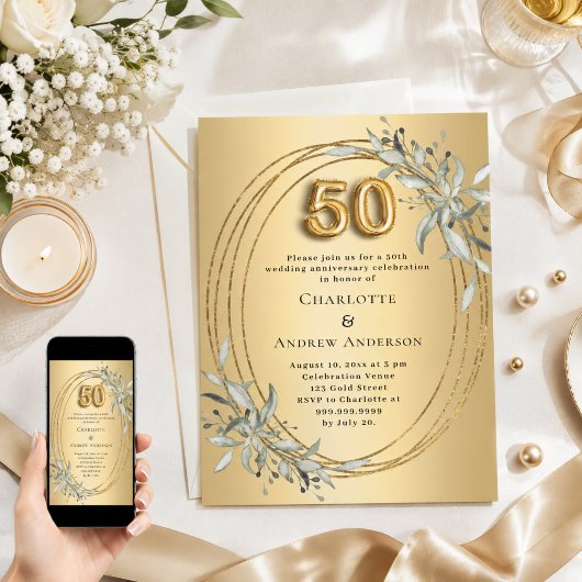 Invitation noces d'or 50 ans de mariage avec verdure dorée