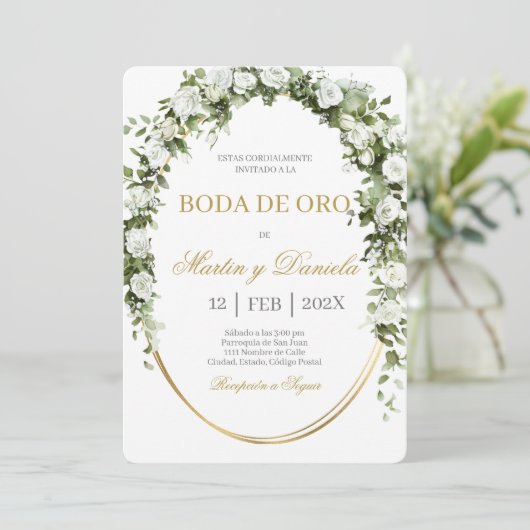 Invitation Noces d'or avec bouquet de fleurs blanches (Debout devant)