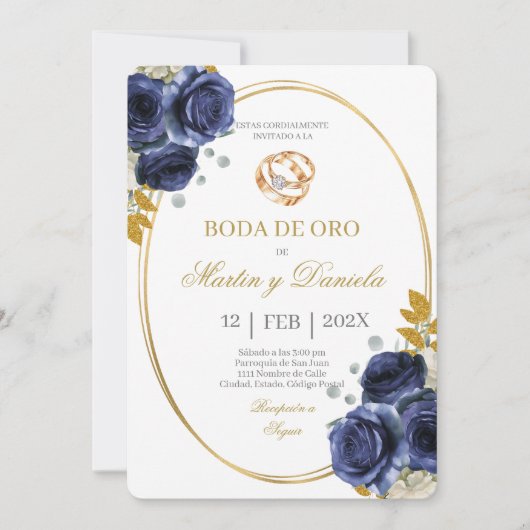Invitation Noces d'or avec un thème bohème bleu (Devant)