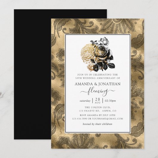 Invitation Noces d'or Black & Gold Glam 50e anniversaire de m (Devant / Derrière)